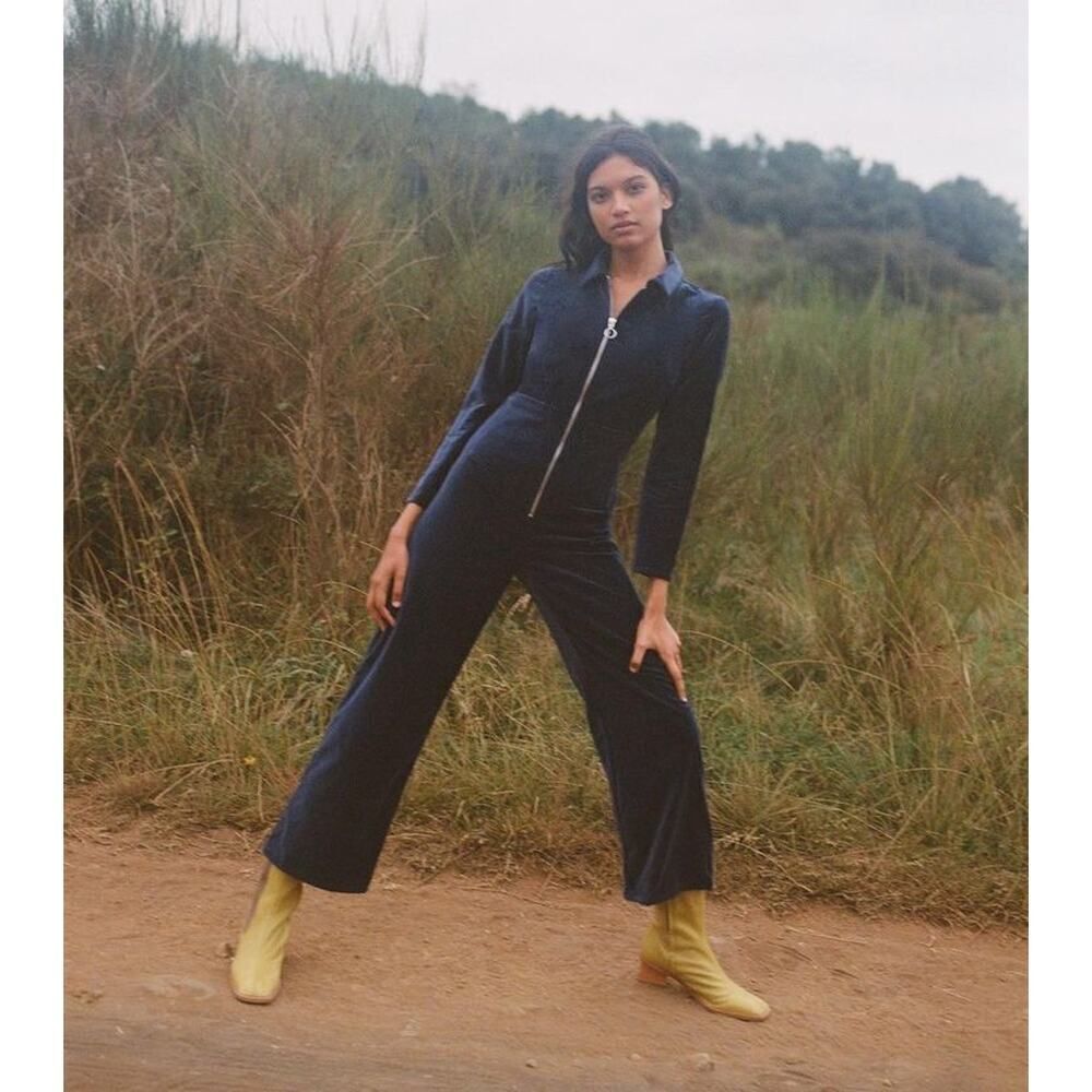Paloma Wool Zip Front Velvet Jumpsuit Blue Navy Sz 2 US 100% Cotton Spain